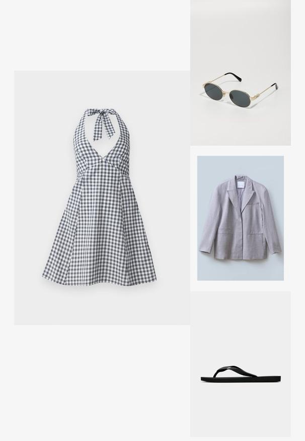 Ljusgrå blazer i texturerad tyg med slagkrage, en bröstficka och två framfickor, designad med en avslappnad passform.; Marinblå och vit rutig halterklänning med djup V-ringning och knytning i ryggen. Utsvängd kjoldesign med figurnära livstycke och veckdetaljer.; Svart gummislip-in sandal med ett texturerat rem och enkel platt sula, visas från sidan på en enkel ljus bakgrund.; Guldmetallsolglasögon med ovala linser och mörkfärgade linser. Svarta acetattrutar på skalmarna. Varumärket "QUAY" på sidan.