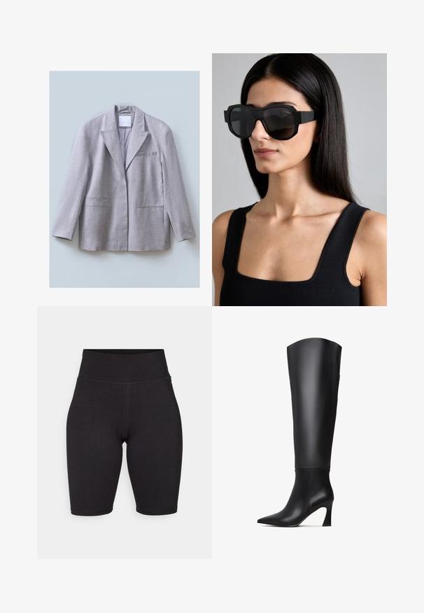 Jasnoszary blezer wykonany z fakturowanej tkaniny, z klapami w kształcie litery V, pojedynczą kieszenią na piersi oraz dwiema przednimi kieszeniami, zaprojektowany w luźnym kroju.; Biała koszula z długim rękawem zapinana na guziki, wykonana z bawełny. Posiada kołnierzyk, kieszonkę z przodu, zaokrąglony dół oraz małą czerwoną metkę w pobliżu kieszeni.; Czarne spodenki rowerowe wykonane z elastycznego materiału. Wysoki stan, gładka tekstura, do kolan z szwami z przodu i z tyłu dla lepszej struktury.; Czarne skórzane kozaki do kolan z szpiczastym noskiem, prostą cholewką i zwężającym się wysokim obcasem. Gładka faktura z minimalnymi detalami.; Przesadnie duże czarne okulary przeciwsłoneczne z grubą oprawką, kanciastym kształtem i przyciemnianymi gradientowymi soczewkami; noszone z czarnym topem bez rękawów.