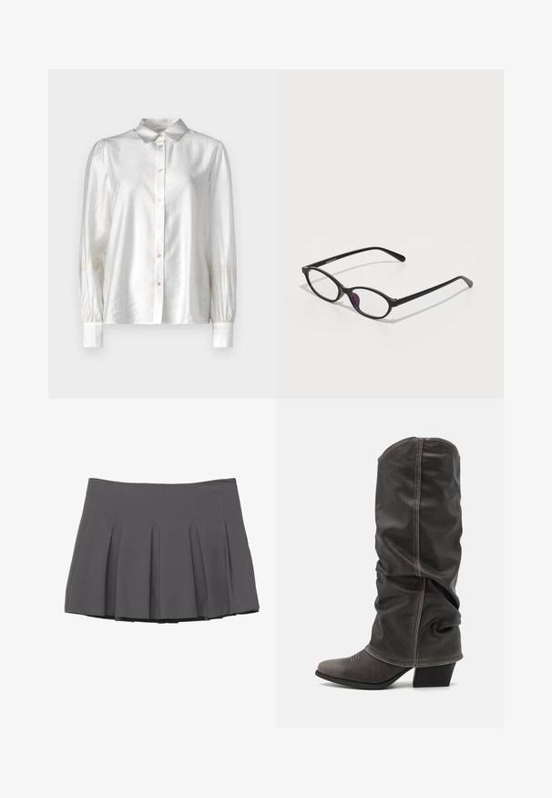 Lys grå blazer lavet af tekstureret stof med reverskrave, enkelt brystlomme og to forlommer, designet med en afslappet pasform.; Hvid silkebluse med knaplukning foran, klassisk krave og lange ærmer med samlede manchetter. Glat tekstur med en subtil glans.; Grå plisseret nederdel med en glat tekstur, der har syede detaljer og en tætsiddende talje, der slutter ved midt-lår længde.; Grå læder støvler op til læggen med et slouchy design, spidse tæer og stablet hæl. Bemærkelsesværdig syning detalje ved tåområdet.; Sorte plastiske briller med oval form, der har klare linser og en lilla accent på venstre linse. Elegant, minimalistisk design.