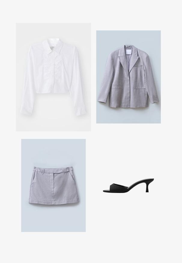 Jasnoszary blezer wykonany z fakturowanej tkaniny, z klapami w kształcie litery V, pojedynczą kieszenią na piersi oraz dwiema przednimi kieszeniami, zaprojektowany w luźnym kroju.; Krótką białą koszulę wykonaną z gładkiej bawełny, z przodu z falbaną, z kołnierzykiem w kształcie szpica oraz długimi rękawami z zapięciem na guziki.; Szara spódnica o gładkiej fakturze, z płaskim pasaem, dwiema przednimi kieszeniami i prostym krojem.; Czarne klapki na wysokim obcasie z szerokim, otwartym noskiem i zakrzywioną cholewką. Wykonane z teksturowanej tkaniny, z wąskim obcasem i gładką podeszwą.