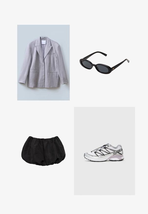 Lys grå blazer lavet af tekstureret stof med reverskrave, enkelt brystlomme og to forlommer, designet med en afslappet pasform.; Hvid bomulds tanktop med ribbet tekstur, ærmeløst design og rund halsudskæring. Har et mærke ved halsen med teksten "WEEKDAY."; Sorte bomulds bloomer shorts med elastisk talje, der har et løst, sammenpresset design og minimal syninger.; Løbesko med en let, hvid mesh-overdel, sølv accenter og sort snøresystem; har en tekstureret sål for greb.; Store store; Grå uldhalstørklæde med en blød tekstur, rektangulær form og frynser i enderne, velegnet til varme og lag-på-lag i koldere vejr.; Mørkebrun skuldertaske i ruskind med justerbar rem, guldtonede beslag og en stor frontklaplukning.