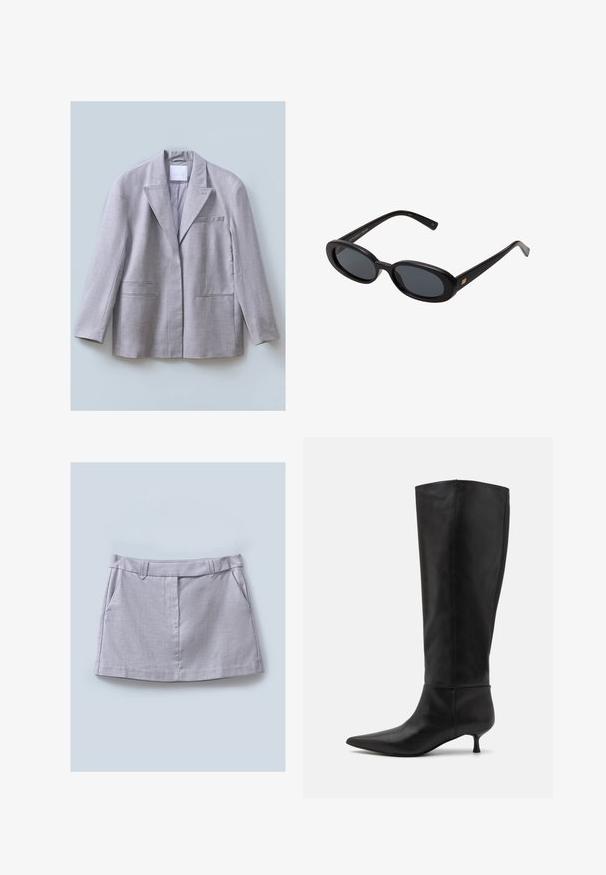 Šviesiai pilka švarkas, pagamintas iš tekstūruotos medžiagos, su išpjautu apykakle, vienu krūtiniu kišeniu ir dviem priekiniais kišeniais, sukurtas su laisvu siluetu.; Baltas visiškai susipynęs polos marškinėliai su juodu siuvinėtu logotipu, uždedamu centre ant krūtinės. Kaklo iškirptė ir rankovių angos baigtos subtiliu apvadu.; Pilka sijonas su lygiu paviršiumi, su plokščiu juosmeniu, dviem priekinėmis kišenėmis ir tiesiu siluetu.; Aukščio iki kelių juodi odiniai batai su smailiu nose ir mažais kulniukais. Lygus paviršius ir minimalistinis dizainas be matomų priedų ar akcentų.; Juodos didelės saulės akinių su ovaliais objektyvais, lygia plastiko rėmeliu ir aukso akcentais ant šventyklos. Tamsūs objektyvai suteikia apsaugą nuo saulės.