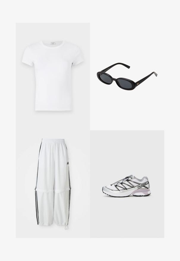 Lichtgrijze blazer van textuurstof met een gelapte revers, één borstzak en twee voorkzakken, ontworpen met een relaxte pasvorm.; Witte katoenen t-shirt met korte mouwen, featuring een ronde ronde hals en een gladde, zachte textuur zonder patronen of accenten.; Witte sportbroek met een relaxte pasvorm, elastische tailleband en zwarte zijkanten. Voorzien van ritszakken en elastische boorden bij de enkels.; Hardloopschoen met een lichtgewicht, witte mesh bovenkant, zilveren accenten en een zwart vetersysteem; heeft een gestructureerde zool voor grip.; Zwarte oversized zonnebril met ovale lenzen, een glad plastic montuur en gouden accenten op de pootjes. Donkere lenzen bieden bescherming tegen de zon.