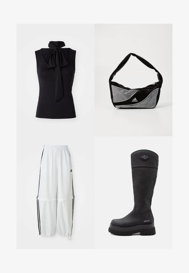 Light gray blazer made of textured fabric with a notched lapel, single chest pocket, and two front pockets, designed with a relaxed fit.; Black sleeveless top in soft, stretchy fabric with a tie detail at the neckline. Simple design with a fitted silhouette.; White athletic pants with a relaxed fit, elastic waistband, and black side stripes. Features zipper pockets and elastic cuffs at the ankles.; Black knee-high leather boot with thick lug sole, "Replay" logo near heel and at top front, and branded strip running down the back.; Black and silver adidas handbag with a smooth texture, featuring a shiny studded pattern and a distinctive curved design.