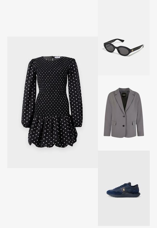 Grå blazer laget av glatt stoff har klappkrage, to knapper og sidelommer med en skreddersydd passform og minimale sømdetaljer.; Svart langermet kjole med hvite prikker, smocket tilpasset liv, puffet skjørtkant og rund hals.; Hvit knapp-up skjorte laget av glatt bomull med klassisk krage, med rett falden og beige knapper foran.; Marineblå treningssko med suede- og meshmaterialer, med gummisåle, snøredesign og med et gyllent logo.; Sorte ovale solbriller med mørke linser og blank plastramme. Har gulllogo på stengene, og tilbyr et elegant og moderne design.; Svart totebag laget av stoff, med en fremtredende preget logo i et sirkulært design. Glatt tekstur med kontrasterende lærdetaljer.