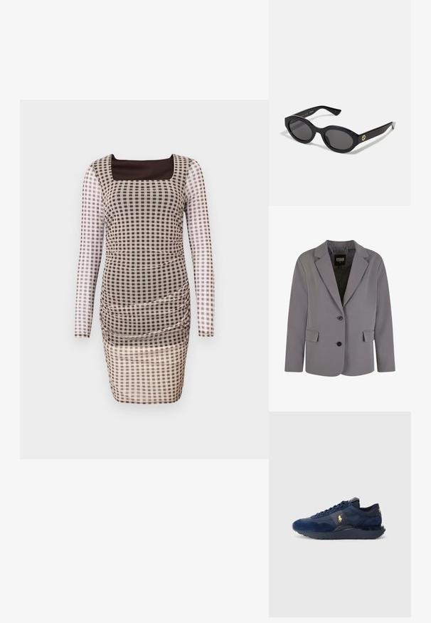 Grå blazer laget av glatt stoff har klappkrage, to knapper og sidelommer med en skreddersydd passform og minimale sømdetaljer.; Langermet kjole med tettsittende fasong og firkantet utringning. Har en gjennomsiktig rutete design i vekslende brune og kremfargede ruter, med rynkedetaljer.; Marineblå treningssko med suede- og meshmaterialer, med gummisåle, snøredesign og med et gyllent logo.; Sorte ovale solbriller med mørke linser og blank plastramme. Har gulllogo på stengene, og tilbyr et elegant og moderne design.; Svart totebag laget av stoff, med en fremtredende preget logo i et sirkulært design. Glatt tekstur med kontrasterende lærdetaljer.