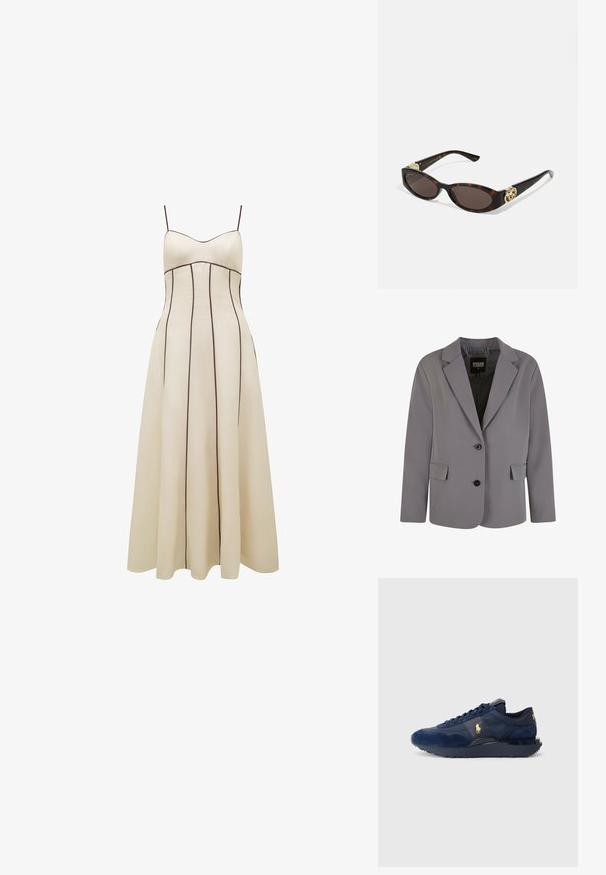 Grauer Blazer aus glattem Stoff mit Reverskragen, zwei Knöpfen und seitlichen Taschen, in taillierter Passform und mit minimalen Nähten.; Cremfarbendes Maxikleid mit dünnen Trägern, tailliertem Oberteil und ausgestellt Rock, der mit kontrastierenden braunen vertikalen Nähten verziert ist.; Marineblaue Sportschuhe aus Wildleder und Mesh-Materialien, mit Gummisohle, Schnürdesign und einem goldenen Logoakzent.; Schildpatt-Sonnenbrille mit länglich-ovalen Gläsern, braunem Farbton, goldenen Logo-Akzenten an den Bügeln und schlanken schwarzen Bügeln.; Schwarze Tragetasche aus Stoff, mit einem auffälligen geprägten Logo in einem kreisförmigen Design. Glatte Oberfläche mit kontrastierenden Lederakzenten.