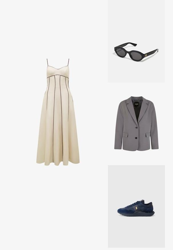 Harmaa bleiseri on valmistettu sileästä kankaasta, ja siinä on lovettu kaulus, kaksi nappia sekä sivutaskut. Bleiserillä on muotoiltu istuvuus ja vähäiset sauman yksityiskohdat.; Kreemi värvi maksimekk, millel on õhukesed rihmad, istuv bodice ja laienev seelikuosa, millel on kontrastsed pruunid vertikaalsed õmblused detailideks.; Tummansiniset urheilujalkineet, joissa on mokka- ja verkkokankaita, muovipohja, nauhakiristys ja kultainen logoelementti.; Mustat soikeat aurinkolasit tummilla linsseillä ja kiiltävästä muovista valmistetulla kehällä. Varustettu kullanvärisellä logolla temppeleissä, tarjoten tyylikkään ja modernin muotoilun.; Mustan kangaskassi, jossa on selkeä kohokuvioitu ympyrälogo. Sileä pinta ja kontrastiväriset nahkaosiot.