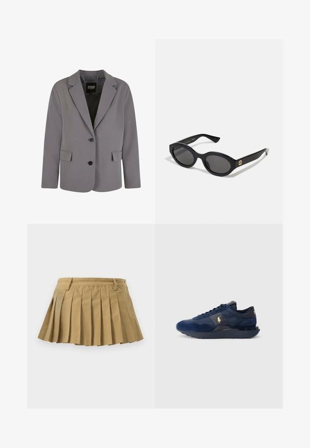 Sivina blazer iz gladkega materiala ima ovratnik v obliki klina, dva gumba in stranska žepa s prilegajočim krojem ter minimalnimi šivi.; Siv pulover s turtleneck ovratnikom, izdelan iz mehkega pletenega materiala, z rebrastimi manšetami in obrobo. Ima sproščen kroj in strukturiran dekolte.; Bela srajca z gumbi, izdelana iz gladkega bombaža, s klasičnim ovratnikom in ravnim robom ter bež gumbi spredaj.; Plique krilo iz bež tkanine, z oblikovanim pasom, več pletenicami in ravnim robom. Brez vidnih zapiral ali okraskov.; Temno modri atletski čevlji iz semiša in mrežastega materiala, s gumijastim podplatom, vezalkami in z zlatim logotipom.; Črne ovalne sončna očala s temnimi lečami in sijočim plastičnim okvirjem. Imajo zlat logo na robu, kar ponuja eleganten in sodoben oblikovalski pristop.; Črna torba iz blaga, ki ima vidno vpreženo logo v krožni obliki. Gladka tekstura z kontrastnimi usnjenimi detajli.