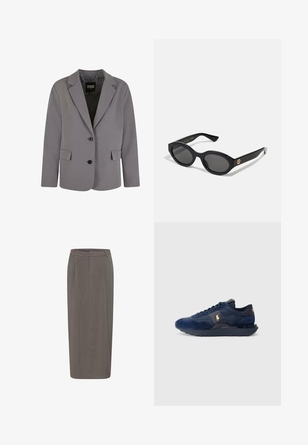 Šedý blazer vyrobený z hladkého materiálu má klopový límec, dva knoflíky a boční kapsy s upraveným střihem a minimálními švy.; Šedý rolák vyrobený z měkkého pleteného materiálu s ribovanými manžetami a lemem. Disponuje volným střihem a strukturovaným výstřihem.; Bílá košile s rozepínáním, vyrobená z hladké bavlny, s klasickým límcem, rovný lem a béžové knoflíky na přední straně.; Šedá tužková sukně s rovnou siluetou, která má přední sklady, pás a hladkou texturu. Žádné viditelné zapínání ani kapsy.; Námořnické modré sportovní boty vyrobené z jemné kůže a síťoviny, s gumovou podrážkou, šněrovacím designem a zlatým logem jako akcentem.; Černé oválné sluneční brýle s tmavými skly a lesklým plastovým rámem. Obsahují zlaté logo na straně, které poskytuje elegantní a moderní design.; Černá taška přes rameno vyrobená z látky, s výrazným embosovaným logem v kruhovém designu. Hladký povrch s kontrastními koženými detaily.