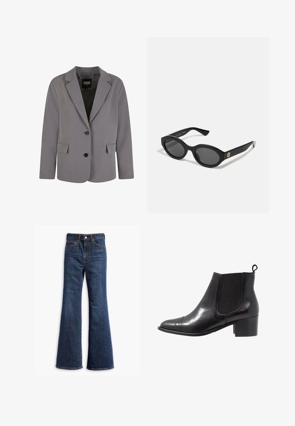 Pilkas švarkas, pagamintas iš lygaus audinio, turi įpjovimą prie apykaklės, dvi sagas ir šonines kišenes su pritaikytu siluetu ir minimaliais siuvimo detalėmis.; Pilkas turtlenekas, pagamintas iš minkštos mezgimo medžiagos, su smailiais rankogaliais ir apvadu. Ypatybė - laisvas siluetas ir tvirtas kaklo iškirpimas.; Balta marškinių palaidinė iš lygaus medvilnės, su klasikiniu apykaklės dizainu, tiesiu apvadu ir smėlio spalvos mygtukais priekyje.; Aukštos juosmens tamsiai mėlyni džinsai su pločio kojomis, priekinis mygtukas ir užtrauktukas, bei penkių kišenių dizainas.; Juodas odinis aulinukas iki kulkšnies su elastingais šoniniais intarpais, apvalia nosimi ir tekstūruotu blokuotu kulnu. Galinėse batų dalyse yra kilputė, skirta lengvam užsidėjimui.; Juodos ovalios saulės akinių su tamsiais lęšiais ir blizgia plastiko apvadu. Su auksiniu logotipu ant šventyklos, siūlo elegantišką ir modernų dizainą.; Juodas audinio rankinis krepšys, pasižymintis išryškintu iškilniu logotipu apvalios formos. Lygus paviršius su kontrastingomis odinėmis detalėmis.