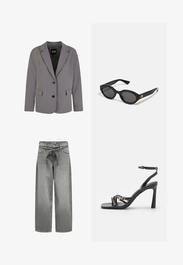 Gray blazer made of smooth fabric features a notch lapel, two buttons, and side pockets with a tailored fit and minimal stitching details.; Grey turtleneck sweater made of soft knit material with ribbed cuffs and hem. Features a relaxed fit and a structured neckline.; White button-up shirt made of smooth cotton with a classic collar, featuring a straight hem and beige buttons along the front.; Wide-leg gray denim jeans with a drawstring waistband and front pockets. The fabric features a slight texture and faded finish.; Black high-heeled sandals made of glossy leather. Features crisscross straps with gold studs and a buckle closure on the ankle strap.; Black oval sunglasses with dark lenses and glossy plastic frame. Features gold logo on the temple, offering a sleek and modern design.; Black tote bag made from fabric, featuring a prominent embossed logo in a circular design. Smooth texture with contrasting leather accents.