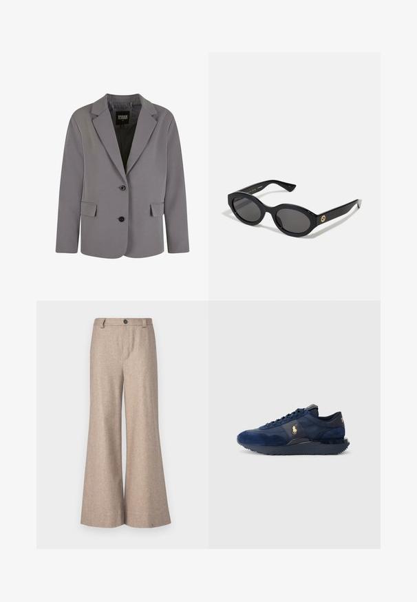 Šedý blazer vyrobený z hladkého materiálu má klopový límec, dva knoflíky a boční kapsy s upraveným střihem a minimálními švy.; Šedý rolák vyrobený z měkkého pleteného materiálu s ribovanými manžetami a lemem. Disponuje volným střihem a strukturovaným výstřihem.; Bílá košile s rozepínáním, vyrobená z hladké bavlny, s klasickým límcem, rovný lem a béžové knoflíky na přední straně.; Béžové kalhoty širokého střihu vyrobené z texturované látky. Obsahují zapínání na knoflík, poutka na opasek a upravený střih s čistým, dokončeným lemem.; Námořnické modré sportovní boty vyrobené z jemné kůže a síťoviny, s gumovou podrážkou, šněrovacím designem a zlatým logem jako akcentem.; Černé oválné sluneční brýle s tmavými skly a lesklým plastovým rámem. Obsahují zlaté logo na straně, které poskytuje elegantní a moderní design.; Černá taška přes rameno vyrobená z látky, s výrazným embosovaným logem v kruhovém designu. Hladký povrch s kontrastními koženými detaily.