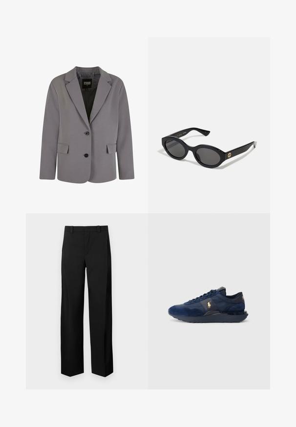Grauer Blazer aus glattem Stoff mit Reverskragen, zwei Knöpfen und seitlichen Taschen, in taillierter Passform und mit minimalen Nähten.; Grau gestrickter Rollkragenpullover aus weichem Strickmaterial mit gerippten Bündchen und Saum. Verfügt über einen lockeren Schnitt und einen strukturierten Kragen.; Weißes Hemd mit Knopfleiste aus glattem Baumwollmaterial und klassischem Kragen, mit geradem Saum und beigen Knöpfen entlang der Vorderseite.; Schwarze, weit geschnittene Hose aus glattem, gewebtem Stoff. Sie verfügt über eine flache Vorderseite, Gürtelschlaufen und seitliche Taschen für einen eleganten Look.; Marineblaue Sportschuhe aus Wildleder und Mesh-Materialien, mit Gummisohle, Schnürdesign und einem goldenen Logoakzent.; Schwarze ovale Sonnenbrille mit dunklen Gläsern und glänzendem Kunststoffrahmen. Mit goldenem Logo am Bügel, das ein elegantes und modernes Design bietet.; Schwarze Tragetasche aus Stoff, mit einem auffälligen geprägten Logo in einem kreisförmigen Design. Glatte Oberfläche mit kontrastierenden Lederakzenten.