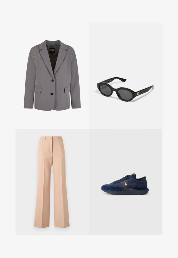 Blazer gris hecho de una tela suave presenta solapa de pico, dos botones y bolsillos laterales con un ajuste entallado y detalles de costura mínimos.; Suéter de cuello alto gris hecho de un material de punto suave con puños y dobladillo acanalados. Presenta un corte relajado y un escote estructurado.; Camisa blanca de botones hecha de algodón suave con un cuello clásico, que presenta un dobladillo recto y botones beige en la parte delantera.; Pantalones de tiro alto color beige con un diseño de pierna ancha. Confeccionados en tejido suave, presentan pliegues frontales y una cinturilla limpia.; Zapatillas deportivas azul marino con materiales de ante y malla, con suela de goma, diseño de cordones y un acento de logo dorado.; Gafas de sol negras en forma ovalada con lentes oscuros y montura de plástico brillante. Presenta un logo dorado en la patilla, ofreciendo un diseño elegante y moderno.; Bolso tote negro hecho de tela, con un logotipo embellecido destacado en un diseño circular. Textura suave con acentos de cuero en contraste.