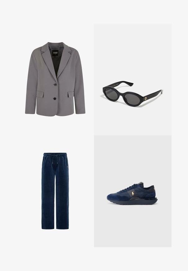 Grå blazer laget av glatt stoff har klappkrage, to knapper og sidelommer med en skreddersydd passform og minimale sømdetaljer.; Grå turtleneck genser laget av mykt strikket materiale med ribbede mansjetter og hem. Den har en avslappet passform og en strukturert halsutskjæring.; Hvit knapp-up skjorte laget av glatt bomull med klassisk krage, med rett falden og beige knapper foran.; Marineblå kordfløyelsbukser med løs passform, elastisk midje, justerbar snor og to sidelommer. Vertikal ribbete tekstur gjennom hele buksen.; Marineblå treningssko med suede- og meshmaterialer, med gummisåle, snøredesign og med et gyllent logo.; Sorte ovale solbriller med mørke linser og blank plastramme. Har gulllogo på stengene, og tilbyr et elegant og moderne design.; Svart totebag laget av stoff, med en fremtredende preget logo i et sirkulært design. Glatt tekstur med kontrasterende lærdetaljer.