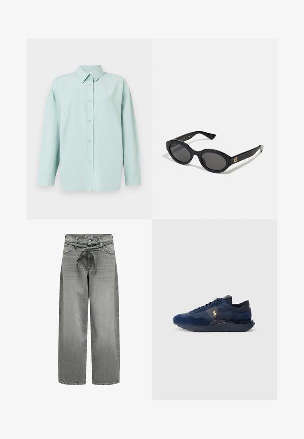 Grå blazer laget av glatt stoff har klappkrage, to knapper og sidelommer med en skreddersydd passform og minimale sømdetaljer.; Grå turtleneck genser laget av mykt strikket materiale med ribbede mansjetter og hem. Den har en avslappet passform og en strukturert halsutskjæring.; Lys grønn knapp-up skjorte med krage, lange ermer, rett snitt og fem frontknapper. Myk teksturert stoff.; Bredde ben grå denimbukser med snor i livet og frontlommer. Stoffet har en lett struktur og en falmet finish.; Marineblå treningssko med suede- og meshmaterialer, med gummisåle, snøredesign og med et gyllent logo.; Sorte ovale solbriller med mørke linser og blank plastramme. Har gulllogo på stengene, og tilbyr et elegant og moderne design.