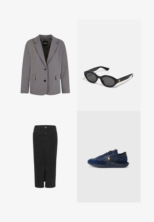 Harmaa bleiseri on valmistettu sileästä kankaasta, ja siinä on lovettu kaulus, kaksi nappia sekä sivutaskut. Bleiserillä on muotoiltu istuvuus ja vähäiset sauman yksityiskohdat.; Harmaan vilttipuseron turtleneck-malli, joka on valmistettu pehmeästä neulomasta materiaalista. Varusteena on ribbisaumat hihansuissa ja helma. Ominaisuuksiin kuuluu rento leikkaus ja jämäkkä kaula-aukko.; Musta denimi midi-hame, jossa on etureikä, suora leikkaus, viisi taskua, nappisulku ja vyölenkit. Pehmeä textura ja klassinen muotoilu.; Tummansiniset urheilujalkineet, joissa on mokka- ja verkkokankaita, muovipohja, nauhakiristys ja kultainen logoelementti.; Mustat soikeat aurinkolasit tummilla linsseillä ja kiiltävästä muovista valmistetulla kehällä. Varustettu kullanvärisellä logolla temppeleissä, tarjoten tyylikkään ja modernin muotoilun.; Mustan kangaskassi, jossa on selkeä kohokuvioitu ympyrälogo. Sileä pinta ja kontrastiväriset nahkaosiot.