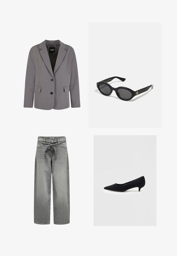 Blazer gris en tissu lisse avec un col en pointe, deux boutons et des poches latérales, doté d'une coupe ajustée et de détails de couture minimalistes.; Pull en col roulé gris en maille douce avec des poignets et un ourlet côtelés. Présente une coupe décontractée et un col structuré.; Jeans en denim gris à jambes larges avec une taille à cordon de serrage et des poches avant. Le tissu présente une légère texture et une finition délavée.; Escarpin noir à bout pointu en tissu doux avec une finition texturée et un talon court et étroit. Design simple, sans embellissements.; Lunettes de soleil ovales noires avec des verres sombres et une monture en plastique brillant. Présente un logo doré sur la branche, offrant un design épuré et moderne.; Sac fourre-tout noir en tissu, doté d'un logo embouti en design circulaire. Texture lisse avec des accents en cuir contrastés.