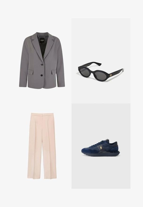 Gray blazer made of smooth fabric features a notch lapel, two buttons, and side pockets with a tailored fit and minimal stitching details.; Grey turtleneck sweater made of soft knit material with ribbed cuffs and hem. Features a relaxed fit and a structured neckline.; Pale pink wide-leg trousers made of smooth fabric. Features a flat front, side pockets, and a tailored waistband. No visible fastenings.; Navy blue athletic shoes with suede and mesh materials, featuring a rubber sole, lace-up design, and a golden logo accent.; Black oval sunglasses with dark lenses and glossy plastic frame. Features gold logo on the temple, offering a sleek and modern design.; Black tote bag made from fabric, featuring a prominent embossed logo in a circular design. Smooth texture with contrasting leather accents.