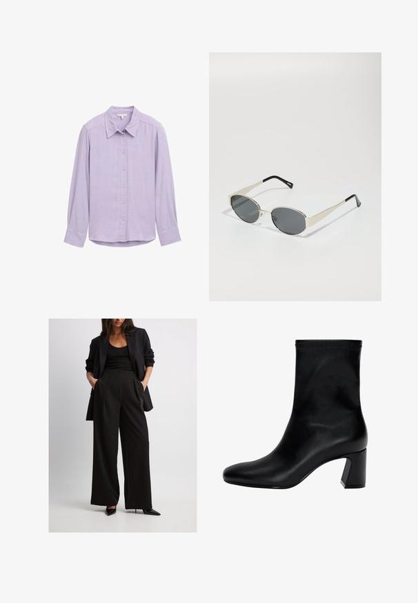 Grauer Blazer aus glattem Stoff mit Reverskragen, zwei Knöpfen und seitlichen Taschen, in taillierter Passform und mit minimalen Nähten.; Grayer Strickpullover mit langen Ärmeln, rundem Halsausschnitt und strukturiertem Muster. Weicher Stoff mit lockerer Passform und gerippter Textur.; TOM TAILOR Hemdbluse - soft lavender melange; Schwarze, taillierte Blazer kombiniert mit weiten schwarzen Hosen, die Falten und Seitentaschen aufweisen. Model trägt schwarze spitze Absätze.; Schwarzer Knöchelstiefel aus glattem Leder. Mit quadrater Zehenpartie, elastischem Schaft und einem stabilen Blockabsatz. Minimalistisches Design.; Sonnenbrille mit ovalen grauen Gläsern, silbernem Metallrahmen und schwarzen Akzenten an den Bügeln. Sie verfügt über ein elegantes Design und minimalen Metallaufwand.; Grau strukturierte Handtasche mit gepolstertem Griff, Netzelementen, verstellbarem Schulterriemen und einem vorderen Verschluss. Kompaktes Design mit abgerundeter Form.