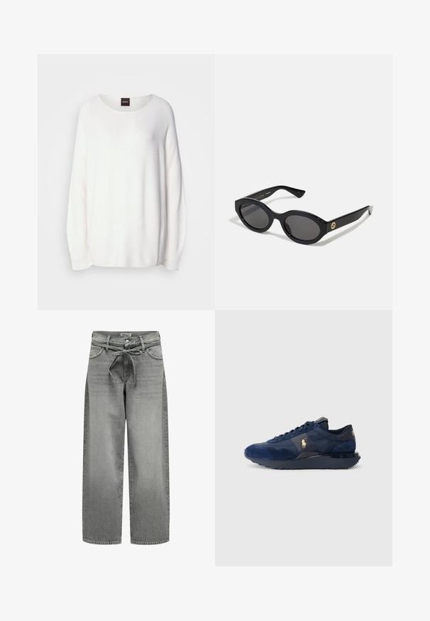 Sivina blazer iz gladkega materiala ima ovratnik v obliki klina, dva gumba in stranska žepa s prilegajočim krojem ter minimalnimi šivi.; Bela pulover z okroglim izrezom, dolgimi rokavi in sproščenim krojem. Rebrasta tekstura, subtilen sijaj in oznaka BOSS zadaj.; Sive široke delovne jeans hlače z elastičnim pasom in sprednjima žepoma. Tkanina ima rahlo teksturo in blago opaljen videz.; Temno modri atletski čevlji iz semiša in mrežastega materiala, s gumijastim podplatom, vezalkami in z zlatim logotipom.; Črne ovalne sončna očala s temnimi lečami in sijočim plastičnim okvirjem. Imajo zlat logo na robu, kar ponuja eleganten in sodoben oblikovalski pristop.; Črna torba iz blaga, ki ima vidno vpreženo logo v krožni obliki. Gladka tekstura z kontrastnimi usnjenimi detajli.