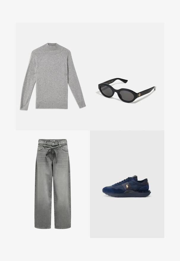 Szary żakiet wykonany z gładkiego materiału, z klapami w kształcie notcha, dwoma guzikami oraz bocznymi kieszeniami, o dopasowanym kroju i minimalnych detalach przeszycia.; Szary sweter dzianinowy z wysokim prążkowanym dekoltem, rękawami raglanowymi i prążkowanymi mankietami, charakteryzujący się miękką fakturą i prostym wzornictwem.; Szerokie spodnie dżinsowe w kolorze szarym z elastycznym pasem regulowanym sznurkiem oraz przednimi kieszeniami. Materiał ma lekko teksturowaną powierzchnię i wyblakłe wykończenie.; Granatowe buty sportowe z materiałów zamszowych i siateczkowych, z gumową podeszwą, sznurowanym zapięciem i złotym akcentem logo.; Czarne okulary przeciwsłoneczne w owalnym kształcie z ciemnymi szkłami i błyszczącą plastikową oprawką. Posiadają złote logo na zausznniku, co nadaje im elegancki i nowoczesny wygląd.; Czarna torba na ramię wykonana z tkaniny, z wyraźnym wytłoczonym logo w okrągłym kształcie. Gładka textura z kontrastującymi skórzanymi akcentami.
