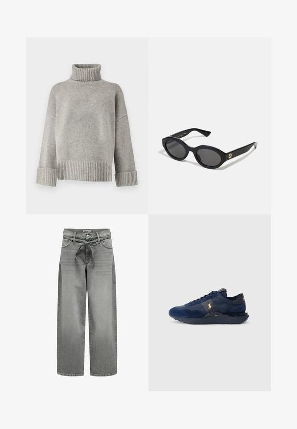 Grå blazer lavet af glat stof, med en notch-lapel, to knapper og sidelommer, der har en skræddersyet pasform og minimalistiske syninger.; Grå turtleneck sweater lavet af blødt strikmateriale med ribbede manchetter og kant. Har en afslappet pasform og en struktureret halsudskæring.; Bredde grå denim jeans med snøre i taljen og forlommer. Stoffet har en let struktur og en falmet overflade.; Mørkeblå sportsko med ruskind og mesh-materialer, udstyret med gummisål, snørebåndsdesign og en gylden logoaccent.; Sorte ovale solbriller med mørke linser og blank plastramme. Har et guldlogo på stykket, hvilket giver et slankt og moderne design.; Sort tote taske lavet af stof, med et fremtrædende prægede logo i et cirkulært design. Glat tekstur med kontrasterende læderdetaljer.