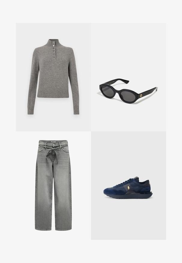 Pelēks žakets, kas izgatavots no gludas auduma, ir aprīkots ar notch tipa atloku, diviem pogām un sānu kabatām, ar pielāgotu siluetu un minimālo šuvju detaļām.; Pelēka adīta džemperis ar augstu ribotu apkakli, kas satur daļēju pogu slēgšanu un ribotu apakšmali un piedurknes, nodrošinot pieguļošu izskatu.; Platas kājas pelēkas džinsa bikses ar papildus auklu jostā un priekšējām kabatām. Audums ir ar vieglu tekstūru un nolietotu apdari.; Jūras zila sporta apavi ar zamšādas un sieta materiāliem, ar gumijas zoli, auklu dizainu un zelta logotipa akcentu.; Melnas ovālās saulesbrilles ar tumšiem stikliem un spīdīgu plastmasas rāmi. Iezīmētas ar zelta logo uz tempļa, nodrošinot elegantu un modernu dizainu.