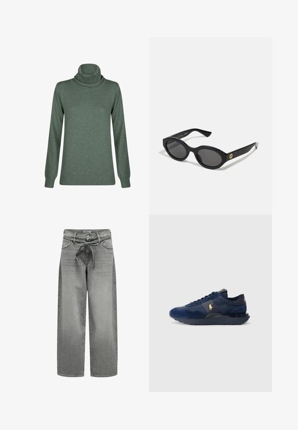 Grauer Blazer aus glattem Stoff mit Reverskragen, zwei Knöpfen und seitlichen Taschen, in taillierter Passform und mit minimalen Nähten.; Grüner Rollkragenpullover aus weichem Material, mit langen Ärmeln und gerippten Säumen sowie Bündchen, mit einer durchgehend glatten Textur.; Weite graue Denim-Jeans mit einem Kordelzugbund und vorderen Taschen. Der Stoff hat eine leichte Textur und einen verblassten Finish.; Marineblaue Sportschuhe aus Wildleder und Mesh-Materialien, mit Gummisohle, Schnürdesign und einem goldenen Logoakzent.; Schwarze ovale Sonnenbrille mit dunklen Gläsern und glänzendem Kunststoffrahmen. Mit goldenem Logo am Bügel, das ein elegantes und modernes Design bietet.; Schwarze Tragetasche aus Stoff, mit einem auffälligen geprägten Logo in einem kreisförmigen Design. Glatte Oberfläche mit kontrastierenden Lederakzenten.