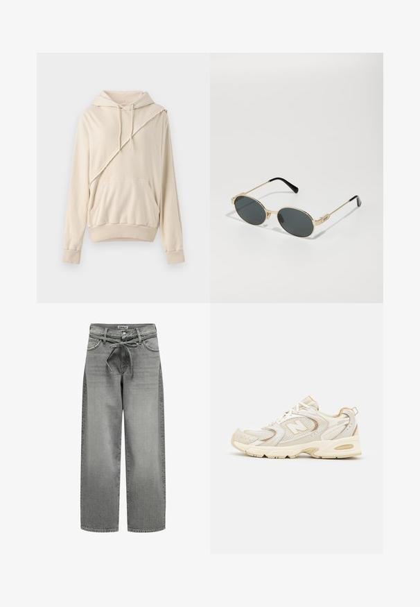 Pilkas švarkas, pagamintas iš lygaus audinio, turi įpjovimą prie apykaklės, dvi sagas ir šonines kišenes su pritaikytu siluetu ir minimaliais siuvimo detalėmis.; Šviesiai ruda hoodie, pagaminta iš minkštos medžiagos. Išskirtinis bruožas yra įstrižai siūta detalė, priekinė kišenė ir raišteliai bei apykaklė su raukšlėmis.; Plačios kojų pilkos džinsinės kelnės su raištelių juosmeniu ir priekinėmis kišenėmis. Audinys turi šiek tiek tekstūros ir išblukusį finišą.; Beigi sportiniai bateliai su tinkleliu ir sintetinėmis detalėmis, turintys tekstūruotą paviršių, paminkštintą apykaklę ir "ABZORB" amortizaciją kulno srityje.; Aukso metalo akinių nuo saulės rėmas su ovaliais lęšiais ir tamsiai tonuotais lęšiais. Juodi acetato galiukai ant šakelių. Prekės pavadinimas "QUAY" ant šono.