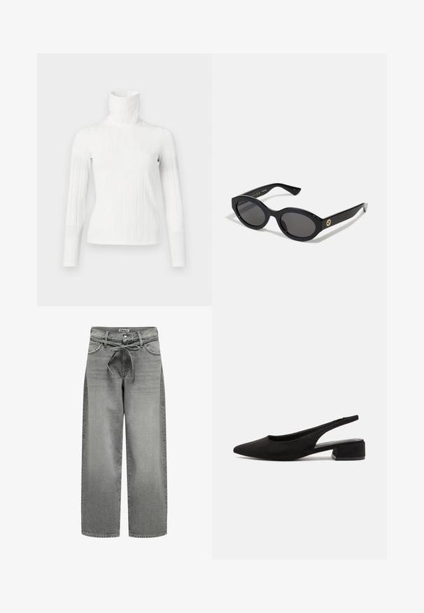 Gray blazer made of smooth fabric features a notch lapel, two buttons, and side pockets with a tailored fit and minimal stitching details.; White ribbed turtleneck sweater with long sleeves, featuring a high collar and a smooth texture. Fit is sleek and form-fitting.; White button-up shirt made of smooth cotton with a classic collar, featuring a straight hem and beige buttons along the front.; Wide-leg gray denim jeans with a drawstring waistband and front pockets. The fabric features a slight texture and faded finish.; Call it Spring BECKYY B.E.D FOAM - Classic heels - black; Black oval sunglasses with dark lenses and glossy plastic frame. Features gold logo on the temple, offering a sleek and modern design.; Black leather handbag with structured design, smooth texture, and two top handles. Features gold accents and a logo at the bottom.