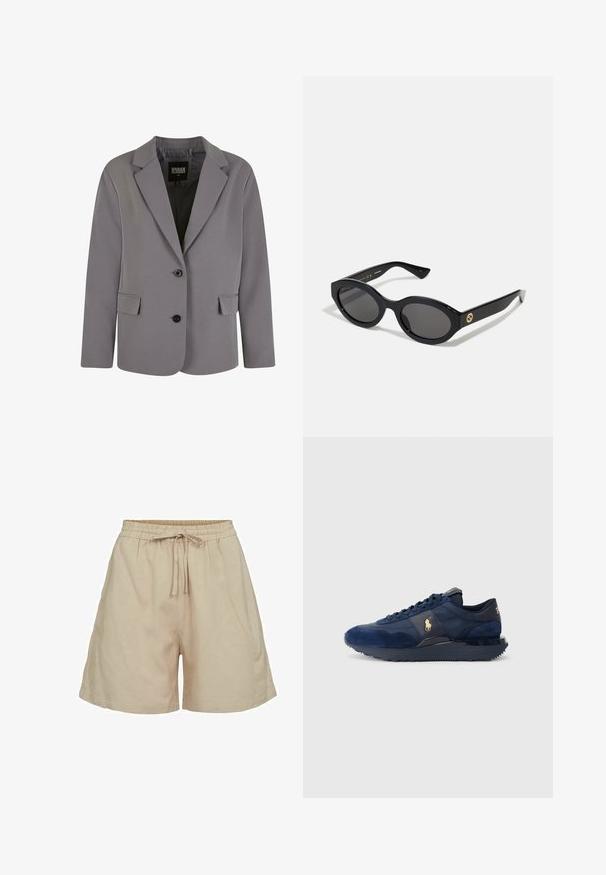 Blazer gris en tissu lisse avec un col en pointe, deux boutons et des poches latérales, doté d'une coupe ajustée et de détails de couture minimalistes.; Chemise blanche à boutons, en coton lisse, avec un col classique, présentant un ourlet droit et des boutons beiges le long du devant.; Shorts en tissu léger beige avec une taille élastique et un cordon de serrage. Présentent une coupe décontractée et des poches latérales. Texture lisse.; Baskets de sport bleu marine en matériaux suede et mesh, avec une semelle en caoutchouc, un design à lacets et un accent de logo doré.; Lunettes de soleil ovales noires avec des verres sombres et une monture en plastique brillant. Présente un logo doré sur la branche, offrant un design épuré et moderne.; Sac fourre-tout noir en tissu, doté d'un logo embouti en design circulaire. Texture lisse avec des accents en cuir contrastés.