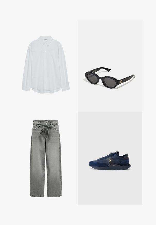 Szürke blézer sima anyagból készült, amelynek részletei közé tartozik a kerekített hajtóka, két gomb és oldalsó zsebek. Illeszkedése testre szabott, és minimális varrási részletekkel rendelkezik.; Fehér, hosszú ujjú gombos ing, sima anyagból készült, klasszikus gallérral, két elülső zsebbel és ráncolt mandzsettával.; Széles lábú, szürke farmernadrág húzózsinóros derékkal és elülső zsebekkel. Az anyaga enyhe textúrával és kopott hatással rendelkezik.; Sötétkék sportcipők bőr és hálós anyagból, gumitalppal, fűzős kivitelben, arany logóval.; Fekete ovális napszemüveg sötét lencsékkel és fényes műanyag kerettel. Aranyszínű logóval rendelkezik a szárán, amely elegáns és modern megjelenést biztosít.; Fekete vászontáska, amelyből készült, kiemelkedő, kör alakú dombornyomott logóval. Simára textúrált, ellentétes bőrárral.