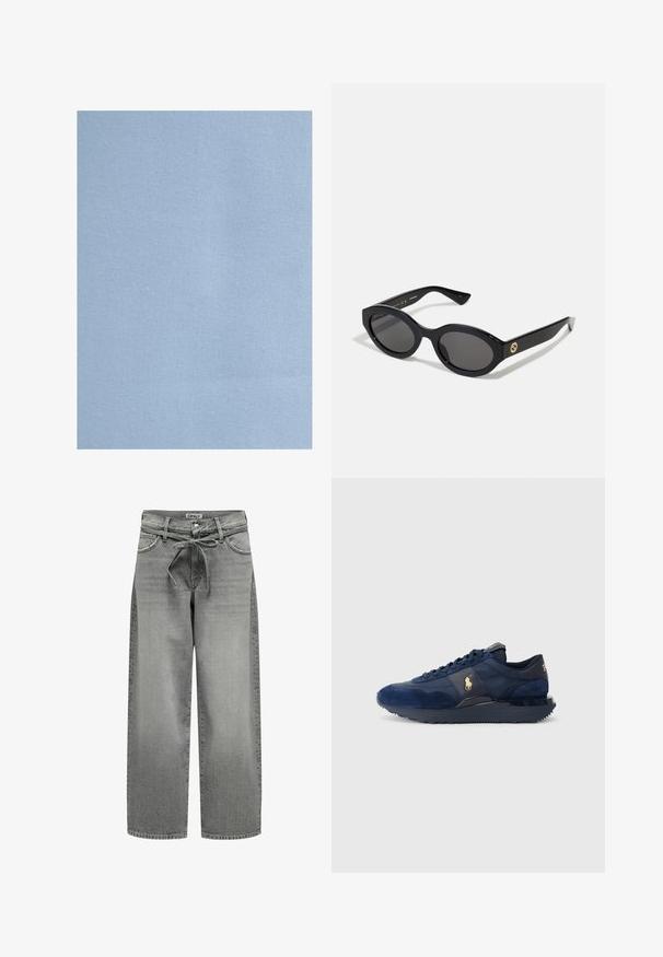 Blazer gris hecho de una tela suave presenta solapa de pico, dos botones y bolsillos laterales con un ajuste entallado y detalles de costura mínimos.; Tejido de color azul claro, tejido con una textura suave y un patrón de hilo fino, iluminado de manera uniforme con ligeros pliegues naturales visibles.; Vaqueros de mezclilla gris de pierna ancha con una cintura ajustable con cordón y bolsillos delanteros. La tela presenta una ligera textura y un acabado desgastado.; Zapatillas deportivas azul marino con materiales de ante y malla, con suela de goma, diseño de cordones y un acento de logo dorado.; Gafas de sol negras en forma ovalada con lentes oscuros y montura de plástico brillante. Presenta un logo dorado en la patilla, ofreciendo un diseño elegante y moderno.