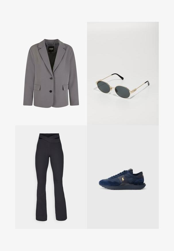 Harmaa bleiseri on valmistettu sileästä kankaasta, ja siinä on lovettu kaulus, kaksi nappia sekä sivutaskut. Bleiserillä on muotoiltu istuvuus ja vähäiset sauman yksityiskohdat.; Mustapaita pitkällä hihalla, jossa on neliömäinen kaula-aukko, vartalonmyötäinen leikkaus ja sivuaukot helman kohdalla. Valmistettu sileästä ja venyvästä kankaasta.; Mustat, ribattuja leveälahkeisia housuja, joissa on ristiin menevä vyötärönauha. Valmistettu joustavasta materiaalista mukavuutta ja liikkuvuutta varten.; Tummansiniset urheilujalkineet, joissa on mokka- ja verkkokankaita, muovipohja, nauhakiristys ja kultainen logoelementti.; Kultaiset metalliset aurinkolasit, joissa on soikeat linssit ja tummat tummennukset. Mustat asetaatista valmistetut päät karsien. Brändin nimi "QUAY" sivussa.