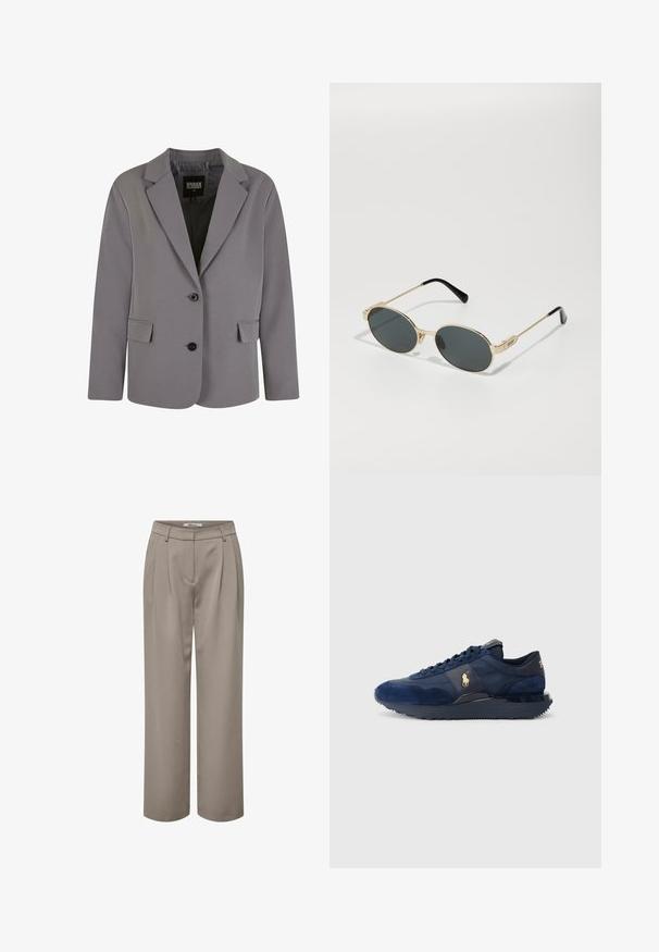 Šedý blazer vyrobený z hladkého materiálu má klopový límec, dva knoflíky a boční kapsy s upraveným střihem a minimálními švy.; Černý top s dlouhým rukávem, který má čtvercový výstřih, přiléhavý střih a boční rozparky na spodním lemu. Vyrobeno z hladkého, elastického materiálu.; Světle hnědé kalhoty s širokými nohavicemi, které mají plisování, hladkou strukturu a čistý design pasu. Jednoduché a univerzální pro různé outfity.; Námořnické modré sportovní boty vyrobené z jemné kůže a síťoviny, s gumovou podrážkou, šněrovacím designem a zlatým logem jako akcentem.; Zlaté sluneční brýle s oválnými skly a tmavými skly. Černé acetátové konce na nožičkách. Jméno značky "QUAY" na boku.