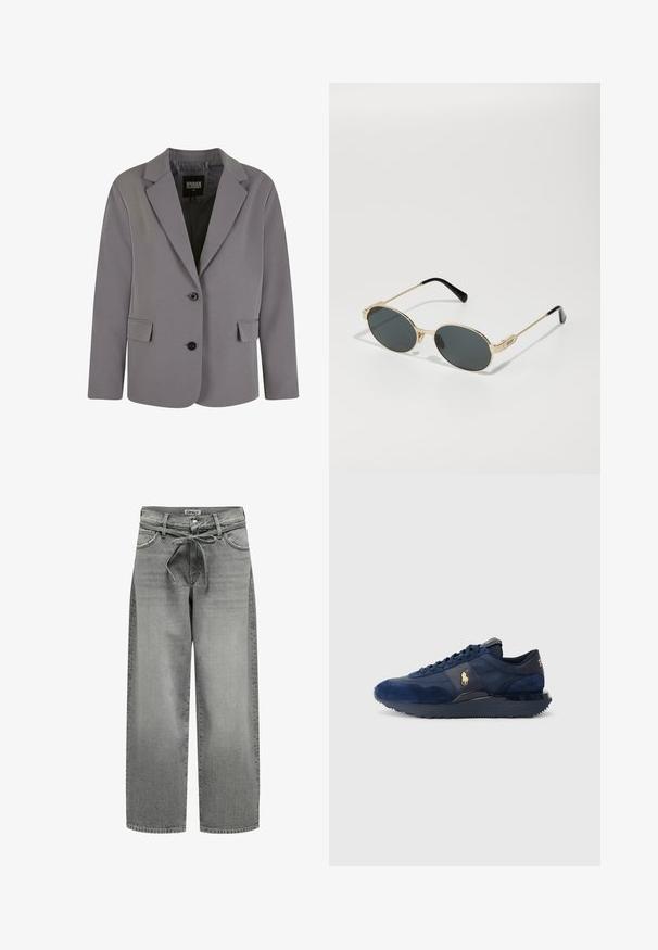 Grå blazer laget av glatt stoff har klappkrage, to knapper og sidelommer med en skreddersydd passform og minimale sømdetaljer.; Svart langermet topp med firkantet hals, tettsittende silhuett og sidespalter i kanten. Laget av et glatt, elastisk stoff.; Bredde ben grå denimbukser med snor i livet og frontlommer. Stoffet har en lett struktur og en falmet finish.; Marineblå treningssko med suede- og meshmaterialer, med gummisåle, snøredesign og med et gyllent logo.; Gullmetall solbriller med ovale linser og mørkt tonede linser. Sorte acetatspidser på armene. Merket "QUAY" på siden.; Svart totebag laget av stoff, med en fremtredende preget logo i et sirkulært design. Glatt tekstur med kontrasterende lærdetaljer.