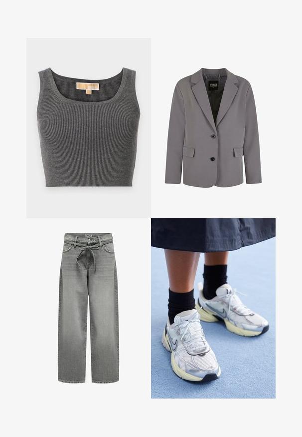 Szary żakiet wykonany z gładkiego materiału, z klapami w kształcie notcha, dwoma guzikami oraz bocznymi kieszeniami, o dopasowanym kroju i minimalnych detalach przeszycia.; Szary, prążkowany top crop z szerokim dekoltem w serek. Posiada gładką teksturę oraz metkę z napisem "MICHAEL" przy wewnętrznej stronie dekoltu.; Szerokie spodnie dżinsowe w kolorze szarym z elastycznym pasem regulowanym sznurkiem oraz przednimi kieszeniami. Materiał ma lekko teksturowaną powierzchnię i wyblakłe wykończenie.; Białe i srebrne sneakersy Nike z siateczkowym materiałem, odblaskowymi akcentami i beżową podeszwą. Noszone z czarnymi skarpetkami, stojące na niebieskiej powierzchni.