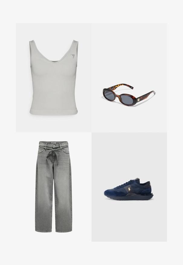 Blazer gris hecho de una tela suave presenta solapa de pico, dos botones y bolsillos laterales con un ajuste entallado y detalles de costura mínimos.; Camiseta sin mangas de canalé en gris claro con escote redondeado, forma ajustada y tirantes estrechos; presenta una pequeña etiqueta de logo en la parte superior derecha.; Vaqueros de mezclilla gris de pierna ancha con una cintura ajustable con cordón y bolsillos delanteros. La tela presenta una ligera textura y un acabado desgastado.; Zapatillas deportivas azul marino con materiales de ante y malla, con suela de goma, diseño de cordones y un acento de logo dorado.; Gafas de sol de carey marrón con lentes ovalados y tinte gris oscuro. Presentan un acento dorado en las patillas. Textura de plástico suave.