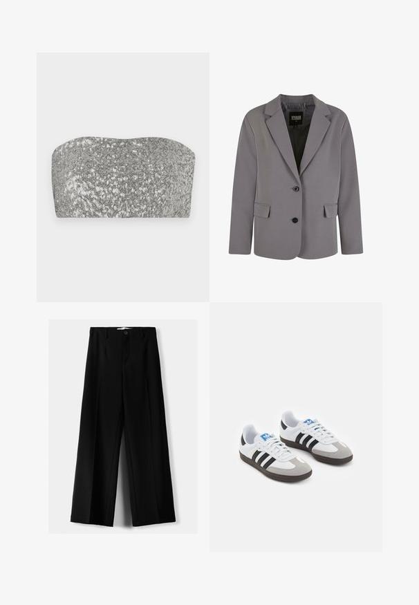 Blazer grigio realizzato in tessuto liscio, presenta un colletto a revers, due bottoni e tasche laterali, con una vestibilità su misura e dettagli di cucitura minimi.; Top bandeau di paillettes argentate con un design curvo, texture liscia e finitura scintillante. Presenta una silhouette semplice e senza spalline.; Pantaloni neri a gamba larga realizzati in tessuto leggero, caratterizzati da una chiusura frontale con bottone e frontale piatto, con orli cuciti con precisione.; Scarpe sportive con tomaia in pelle bianca, punta in suede grigia e tre strisce nere. Presentano un logo blu sulla linguetta e una suola in gomma testurizzata.