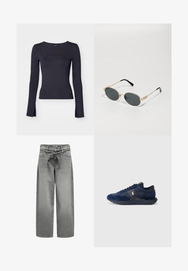 Hall elav sinine bleiser, mis on valmistatud siledast kangast, omab nurgelise krae, kahte nööpi ja küljetaskuid, sobides istuvaks ning sisaldades minimaalset tikkimist.; Tumes varrukad ja tumedast meresinisest kangast pealis, millel on ümar kaelus, keha lähedane lõige, külgedel lõhenemised ja sile, veniv kangas.; Laiad hallid teksad, millel on kinnitusnööp ja esikotid. Kangas on veidi tekstureeritud ja hallitusseened.; Tumed sinised sportijalatsid, mis on valmistatud samet- ja võrgumaterjalidest, millel on kummist talla, paeltega kinnitussüsteem ja kuldse logo aktsent.; Kuldmetallilised prillid ovaalsete läätsega ja tumeda tooniga läätsed. Mustad atsetaatkatted käeotsades. Brändi nimi "QUAY" küljes.