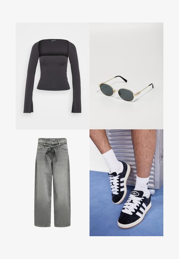 Grauer Blazer aus glattem Stoff mit Reverskragen, zwei Knöpfen und seitlichen Taschen, in taillierter Passform und mit minimalen Nähten.; Schwarzes Langarmoberteil mit quadratischem Ausschnitt, figurbetontem Schnitt und seitlichen Schlitzen am Saum. Hergestellt aus einem glatten, dehnbaren Stoff.; Weite graue Denim-Jeans mit einem Kordelzugbund und vorderen Taschen. Der Stoff hat eine leichte Textur und einen verblassten Finish.; Schwarze Wildledersneaker mit weißen Schnürsenkeln und drei weißen Streifen. Verfügt über ein kreisförmiges schwarzes Logo auf der Zunge und eine Gummisohle.; Goldfarbene Metallsonnenschutzbrille mit ovalen Gläsern und dunkeltönenden Linsen. Schwarze Acetatspitzen an den Bügeln. Markenname "QUAY" an der Seite.