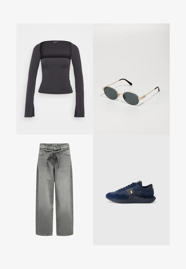 Grauer Blazer aus glattem Stoff mit Reverskragen, zwei Knöpfen und seitlichen Taschen, in taillierter Passform und mit minimalen Nähten.; Schwarzes Langarmoberteil mit quadratischem Ausschnitt, figurbetontem Schnitt und seitlichen Schlitzen am Saum. Hergestellt aus einem glatten, dehnbaren Stoff.; Weite graue Denim-Jeans mit einem Kordelzugbund und vorderen Taschen. Der Stoff hat eine leichte Textur und einen verblassten Finish.; Marineblaue Sportschuhe aus Wildleder und Mesh-Materialien, mit Gummisohle, Schnürdesign und einem goldenen Logoakzent.; Goldfarbene Metallsonnenschutzbrille mit ovalen Gläsern und dunkeltönenden Linsen. Schwarze Acetatspitzen an den Bügeln. Markenname "QUAY" an der Seite.