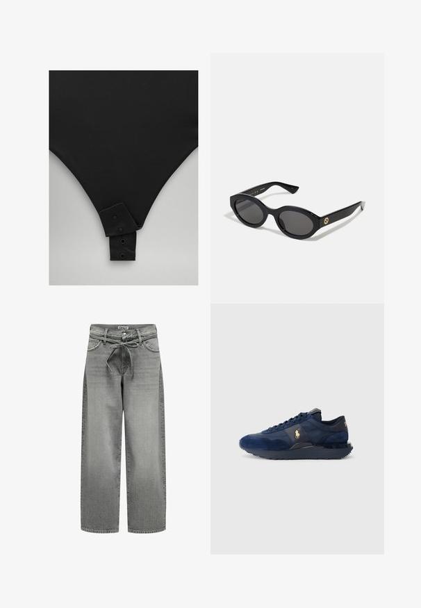 Harmaa bleiseri on valmistettu sileästä kankaasta, ja siinä on lovettu kaulus, kaksi nappia sekä sivutaskut. Bleiserillä on muotoiltu istuvuus ja vähäiset sauman yksityiskohdat.; Musta body, jossa on sileä pinta, V-muotoinen kaula-aukko ja painonappikiinnitys alaosassa. Yksinkertainen, minimalistinen muotoilu.; Harmaat leveälahkeiset farkut, joissa on naru vyötäröllä ja etutaskut. Kangas on hieman teksturoitu ja siinä on haalistunut viimeistely.; Tummansiniset urheilujalkineet, joissa on mokka- ja verkkokankaita, muovipohja, nauhakiristys ja kultainen logoelementti.; Mustat soikeat aurinkolasit tummilla linsseillä ja kiiltävästä muovista valmistetulla kehällä. Varustettu kullanvärisellä logolla temppeleissä, tarjoten tyylikkään ja modernin muotoilun.; Mustan kangaskassi, jossa on selkeä kohokuvioitu ympyrälogo. Sileä pinta ja kontrastiväriset nahkaosiot.