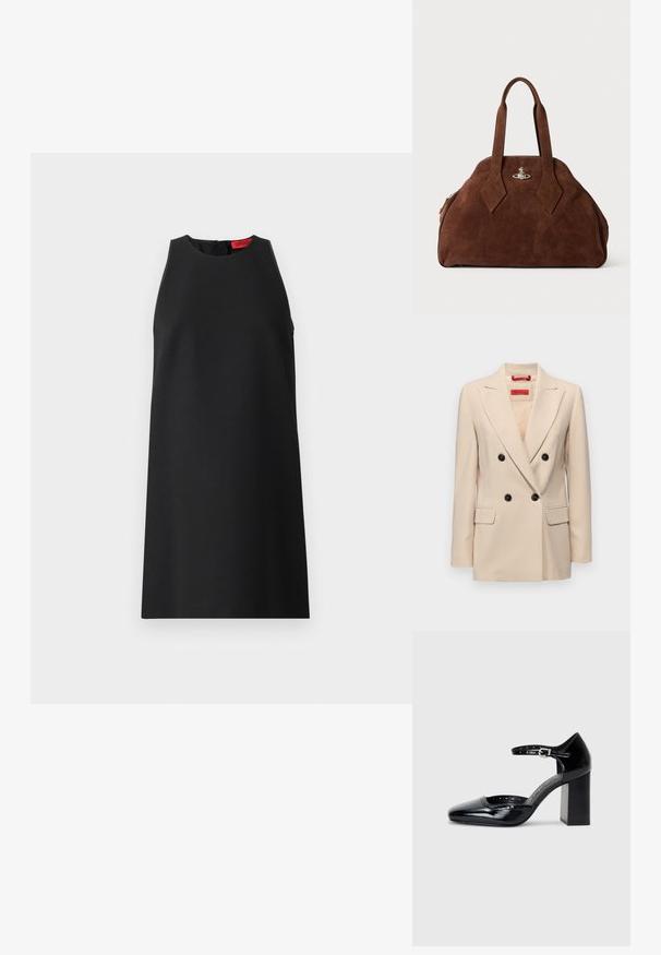 Beige dvouřadý blazer s klopami, černými knoflíky a dvěma předními kapsami. Disponuje upraveným designem a hladkou strukturou.; Černé bezrukávové šaty s vysokým výstřihem, hladkým materiálem, volným střihem a jemným červeným štítkem vzadu.; Černé lakované kožené vysoké podpatky se čtveratou špičkou, řemínkem kolem kotníku a masivním podpatkem. Obsahuje perforované detaily na okraji.; Hnědá semišová kabelka se strukturovaným tvarem, zaobleným tělem a prodlouženými úchyty ve tvaru diamantu. Obsahuje stříbrné kování na zavírání.