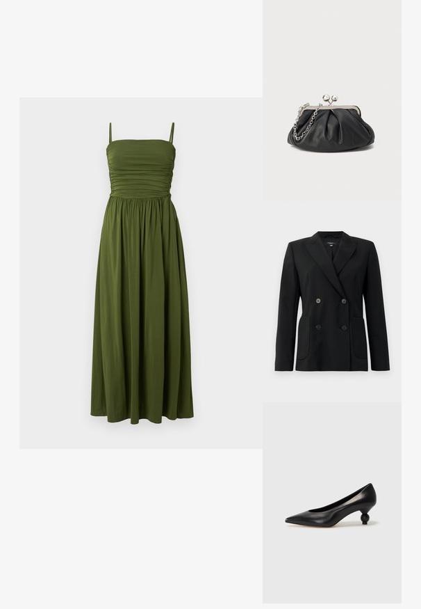Juodas dvigubas švarkas, pagamintas iš struktūruotos medžiagos, su išpjautomis atlapomis, dviem priekinėmis kišenėmis ir taisyklingais juodais mygtukais.; Žalia maxi suknelė su plonais petnešomis, surinktu liemeniu ir laisvai krentančia sijonu. Pagaminta iš lygaus audinio, vienos spalvos, be raštų.; Juoda odinė aukštakulnė bateliai su smailiu pirštu ir apvaliu, iškiliu kulnu. Lygus paviršius su elegantišku, minimalistiniu dizainu.; Juodas odinis delninukas su susiraukusiu tekstūru, sidabrinės spalvos metalo rėmas, uždaromas užsukamu užtrauktuku bei grandinėlės dirželis. Lygus, minkštas paviršius.