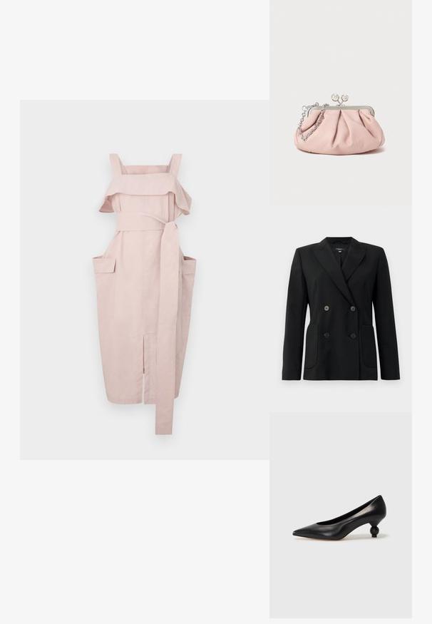 Musta kaksirivinen bleiseri, joka on valmistettu jämäkästä kankaasta ja jossa on asetelmalapelit, kaksi etutaskua ja neljä mustaa nappia.; Vaaleanpunainen mekko, jossa on röyhelökaula-aukko, leveät hihnat, solmittava vyötärö ja kaksi sivutaskua. Mekossa on suora leikkaus ja halkio helmassa.; Musta nahkakengät korkealla korolla, joissa on terävä kärki ja pyöreä, pallomainen korko. Sileä pinta ja tyylikäs, minimalistinen muotoilu.; Vaaleanpunainen nahkakuuloket pursotettu muotoilun laukku, metallirunko, kaksi pyöreää lukkoa ja hopeaketjuolkaimet. Sileä pinta, kompaktin muotoinen.