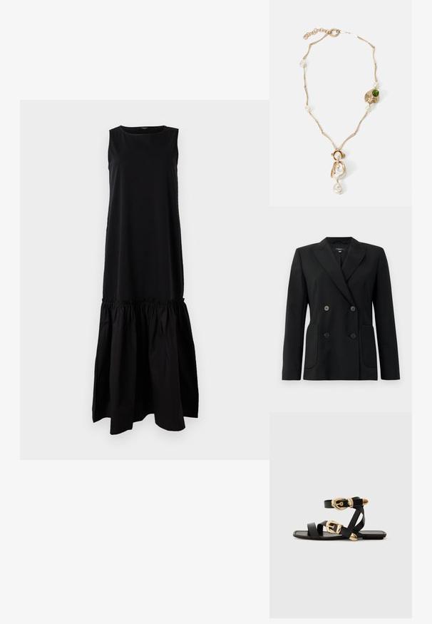 Juodas dvigubas švarkas, pagamintas iš struktūruotos medžiagos, su išpjautomis atlapomis, dviem priekinėmis kišenėmis ir taisyklingais juodais mygtukais.; Juoda be rankovių suknelė su prigludusia viršutine dalimi ir plačiu, raukšlėtu apvalku. Pagaminta iš minkštos medžiagos, turi apvalią kaklo iškirptę ir ilgį iki vidurio blauzdų.; Juodos odinės šlepetės su auksiniais sagtelėmis, turinčios daugybę dirželių ir plokščią padą, skirtos atviriems pirštams.; Auksinės spalvos apyrankė su susuktomis grandinėmis, baltais perlais ir žaliuoju akmeniu. Pasižymi sudėtingais detalėmis ir užsegimu.