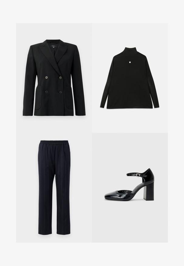 Blazer negru cu două rânduri de nasturi, realizat dintr-un material structurat, având rever cu decupaj, două buzunare frontale și patru nasturi negri.; Pulover negru cu guler înalt și mâneci lungi, având un mic emblemă albă în formă de inimă pe piept. Material moale și croială lejeră.; Pantaloni bleumarin cu dungi verticale, talie elastică, design cu picior drept, textură netedă și fără buzunare vizibile.; Pantofi cu toc înalt din piele lăcuită neagră, cu vârf pătrat, curea pentru gleznă și toc gros. Include detalii perforate de-a lungul marginii.